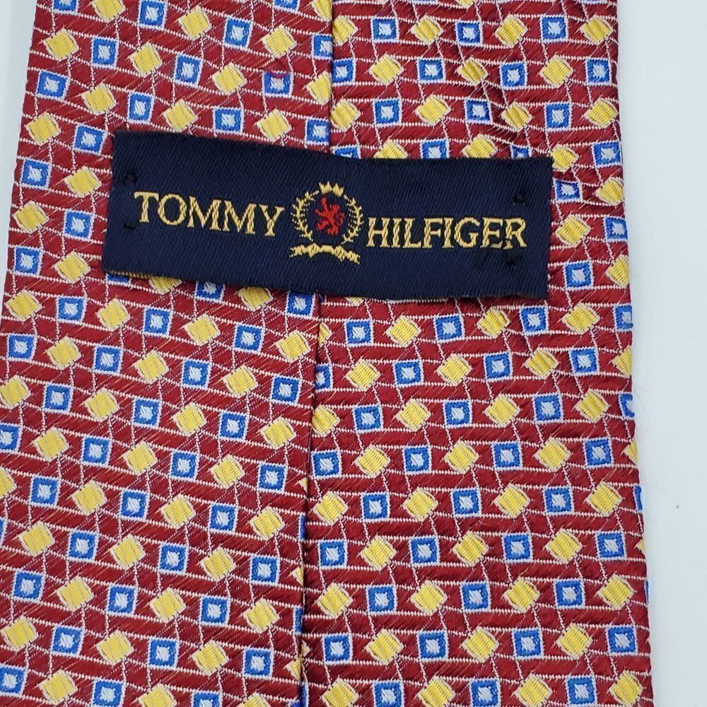 Tommy Hilfiger Tie 100% Silk Men's Red Yellow Geometric 58" - Picture 6 of 8